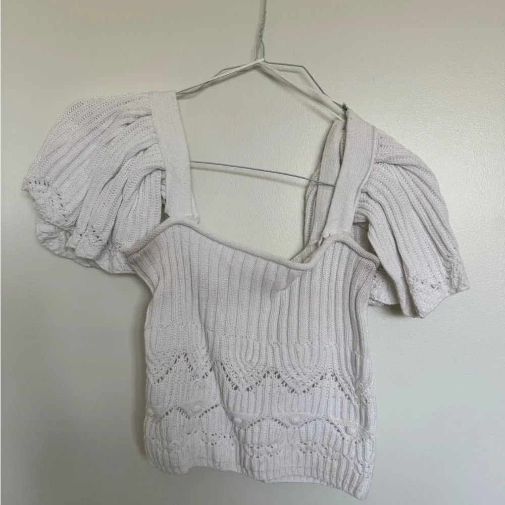Zara White Puff Sleeve Ribbed Blouse - Picture 2 of 3